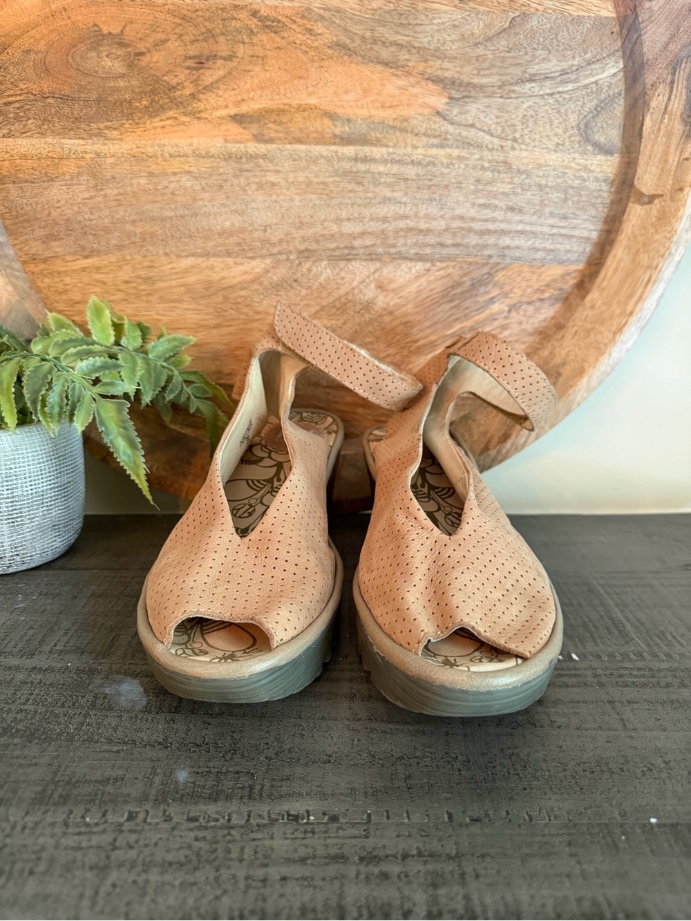 FLY London Yala Shoes Womens 40 / 9M Beige Wedge Sandals Peep Toe Ankle Strap